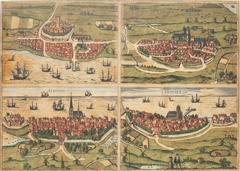 Georg Braun & Franz Hogenberg, fyra skånska städer handkolorerat kopparstick, Köln 1588.