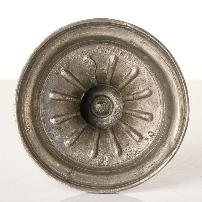 A pair of Gustavian pewter candlesticks by P. Gillman, Stockholm 1786.