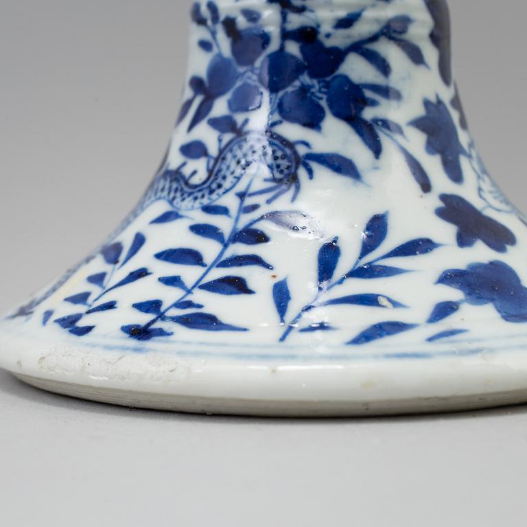 Four chinese 19th century blue and white porcelain candle holders. Qing dynasty.