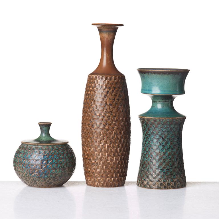 Stig Lindberg, a set of three stoneware vases, Gustavsberg studio, Sweden 1962.