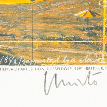 Christo & Jeanne-Claude, färgoffset med tygapplikation, 1991, signerad.