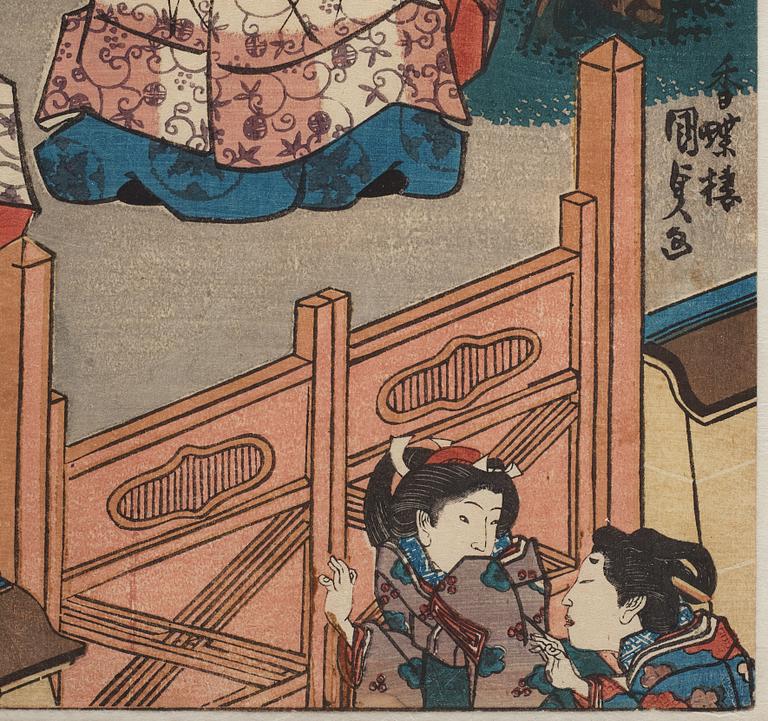 UTAGAWA KUNISADA, även kallad Toyokuni III (1786-1864), triptyk, färgträsnitt. Japan, "The Tale of Genji".