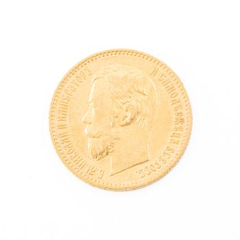Gold coin, Nicholas II, Russia, 5 Rubles, 1898.