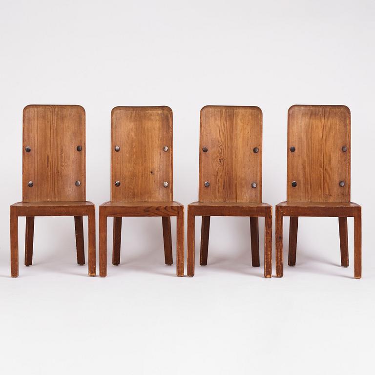Axel Einar Hjorth, a set of four "Lovö" stained pine chairs, Nordiska Kompaniet 1930s.