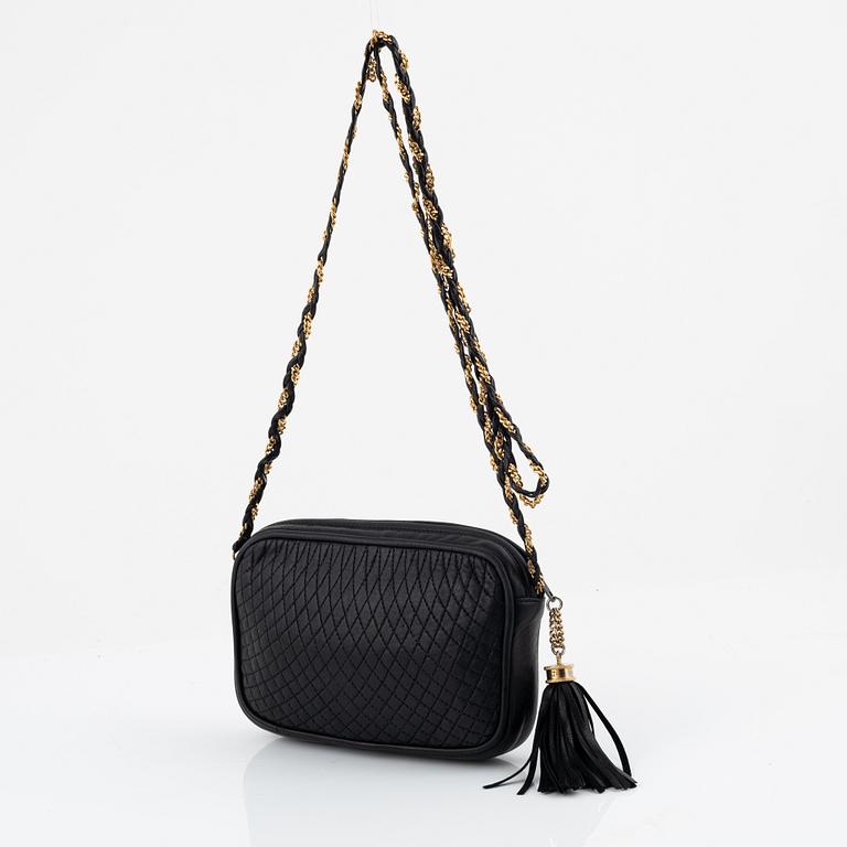 Bally, a black, quilted leather handbag.