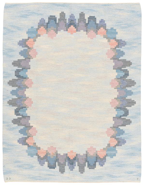 Judith Johansson, a carpet, "Blomsterkrans", flat weave, approximately 273 x 215 cm, signed JJ E.