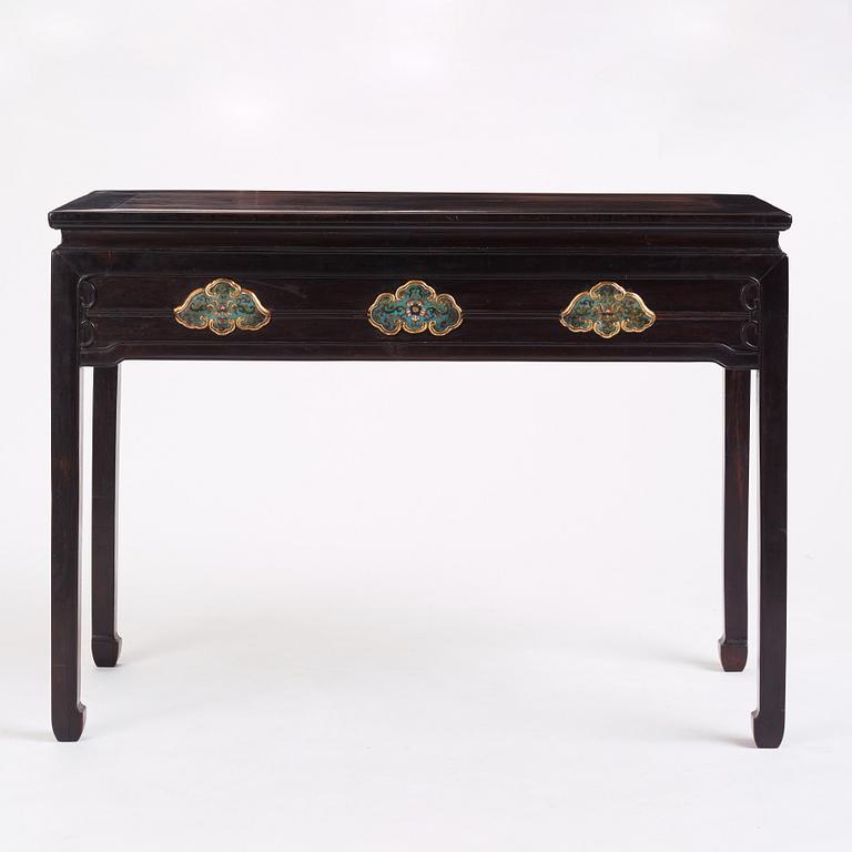 A Chinese zitan altar table with cloisonné placques, Qing dynasty, Qianlong period (1736-1795).