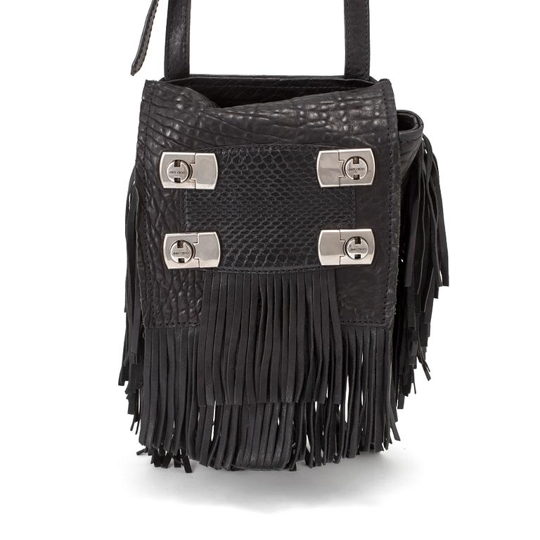 A black leather crossbody bag by Jimmy Choo.