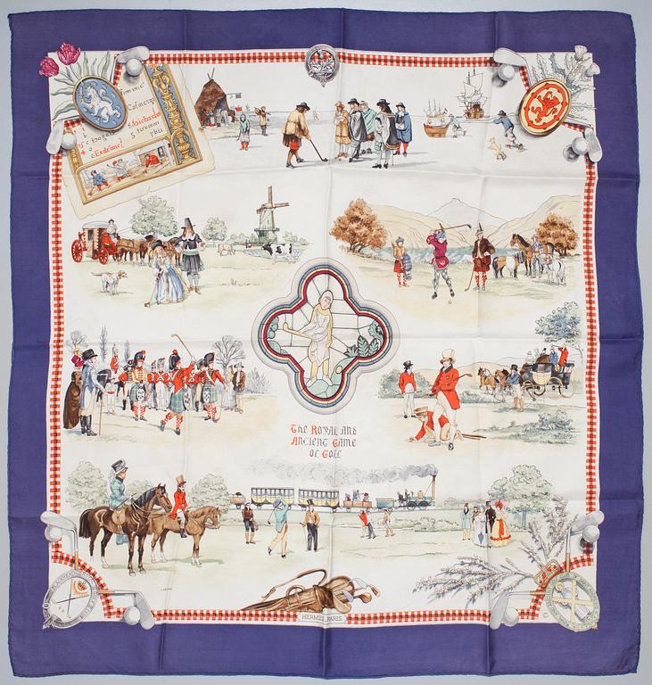 A Hermès silk scarf, "The Royal and Ancient Game of Golf".