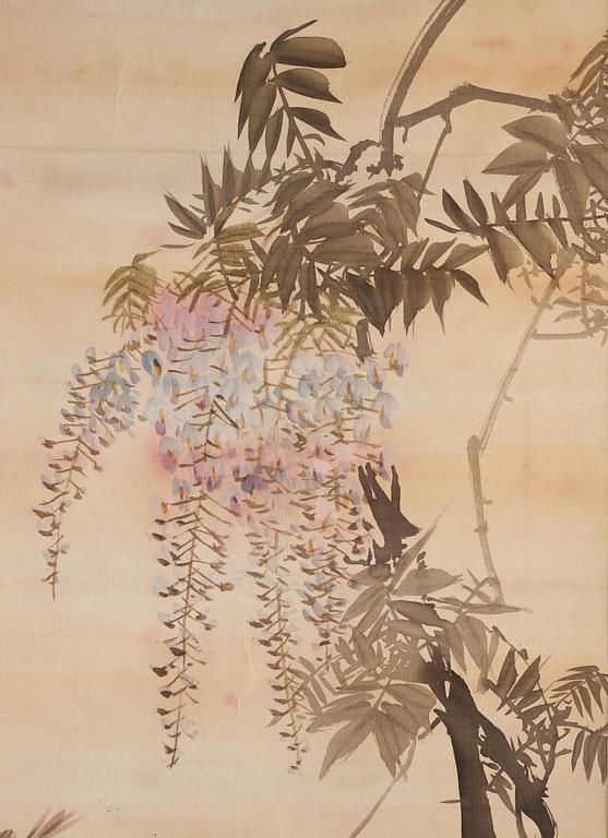 Two Japanese scroll paintings, ink and colour on paper, early 20th Century. Collaboration between two artists.