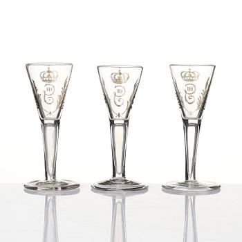 A set of six glasses and a bottle, Sweden, 18th century with King Gustavus IIIs monogram.