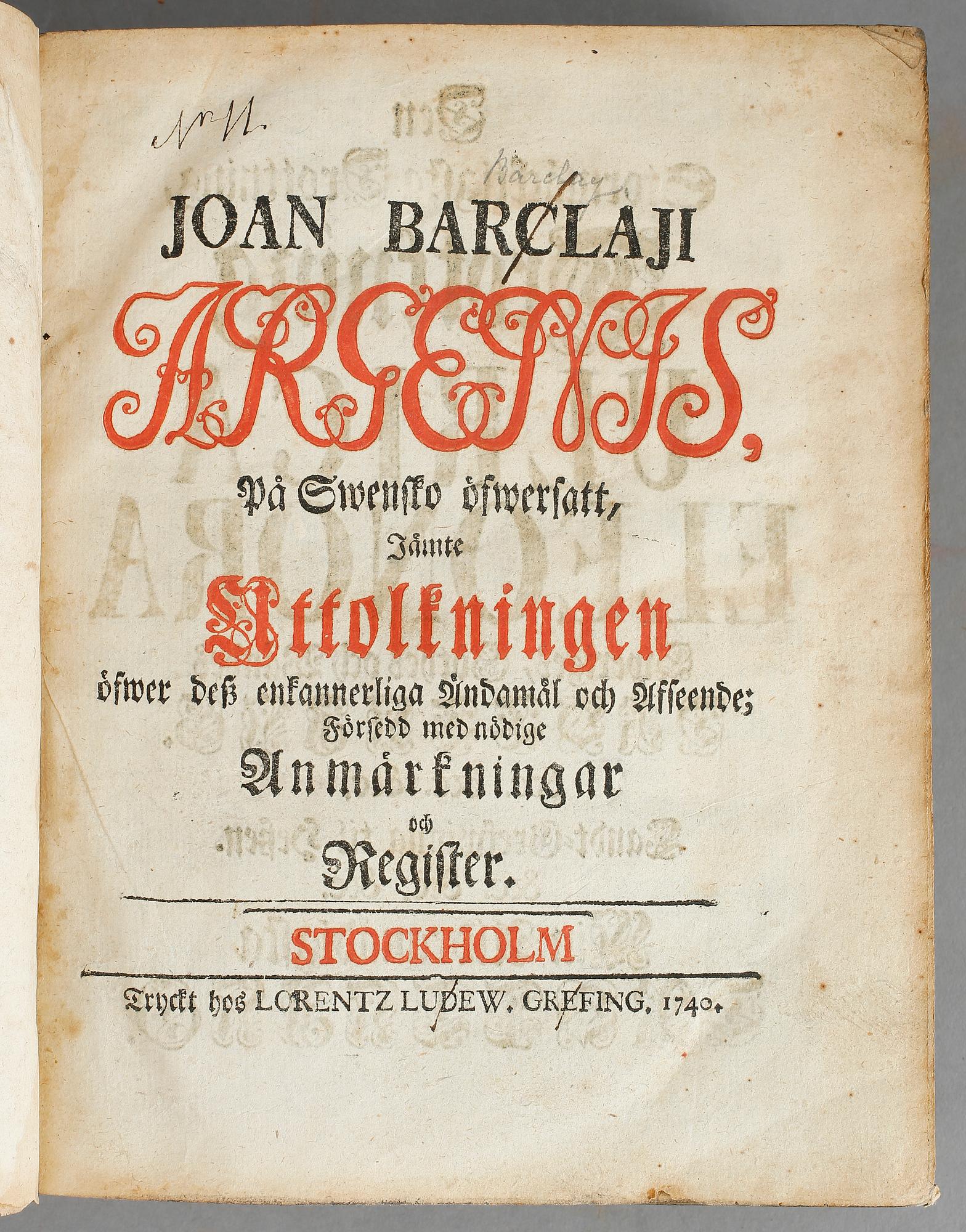 JOAN BARCLAJI, Argenis, Stockholm 1740.