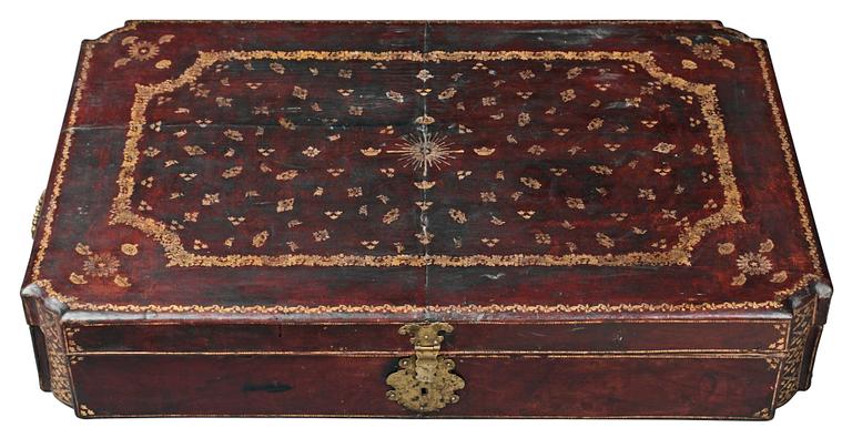 A Swedish 18th century casket with the symbols of the Swedish national coat of arms and the Polar star. Later stand.