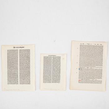 Blad ur schweiziska och tyska inkunabler samt tryckta blad, 1400-tal.