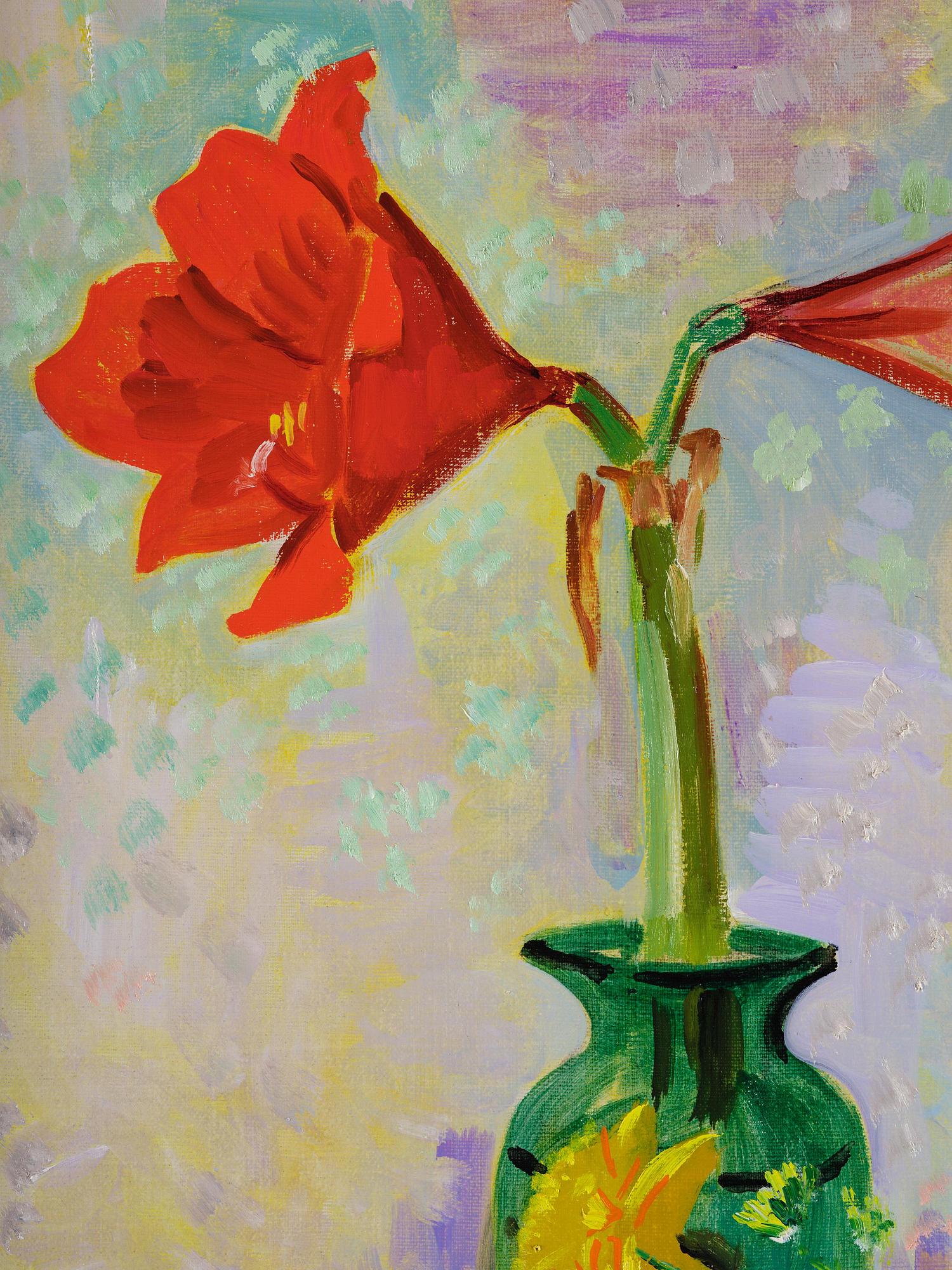 Isaac Grünewald, Stilleben med amaryllis i grön vas.