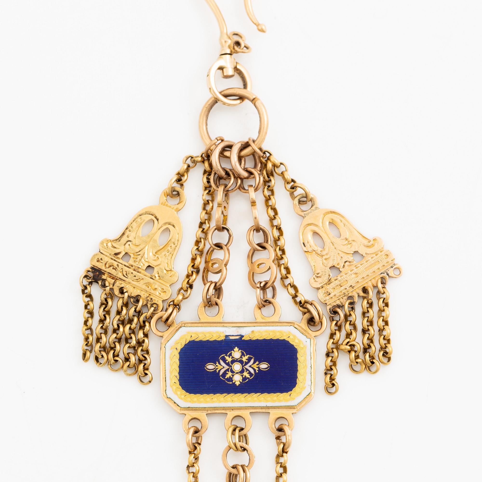 Chateleine 18K guld och emalj, 1800-tal.
