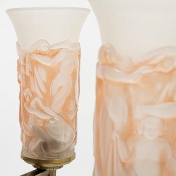 A brass and glass Art Deco ceiling light, probably France, first half of the 20th Century.