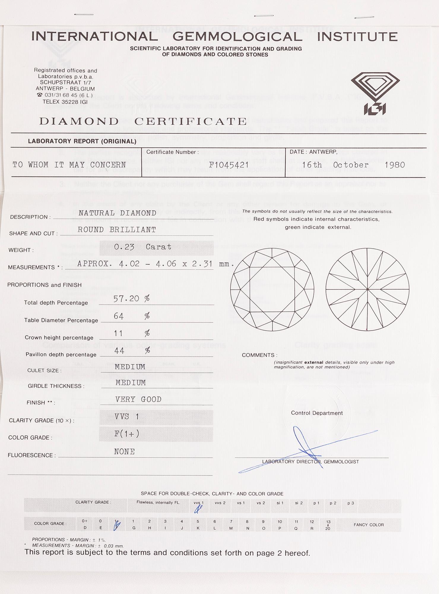 An 0.23 ct diamond. Clarity VVS, colour F.