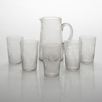 A set of a decanter and five drinking glasses.