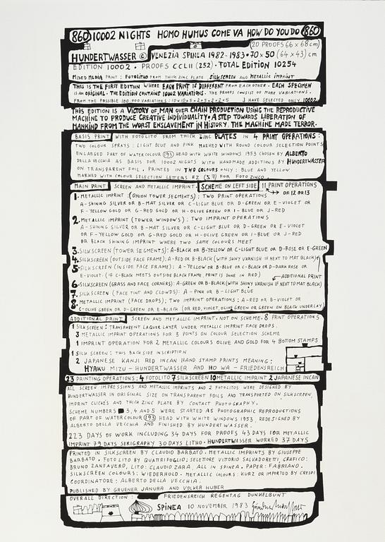 Friedensreich Hundertwasser, photo lithograph and silk screen with metal embossing, 1984. Signed and numbered 4377/10002.