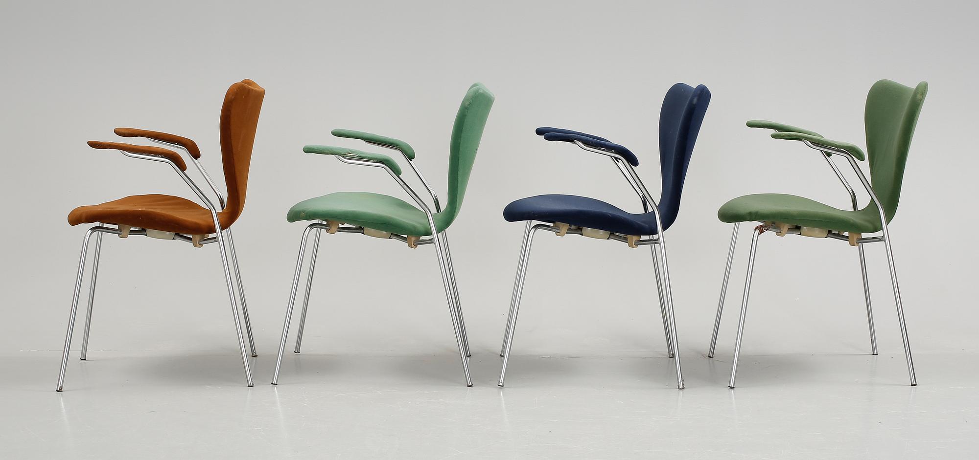 KARMSTOLAR, 4 st, "Sjuan", Arne Jacobsen, Fritz Hansen, 1900-talets andra hälft.