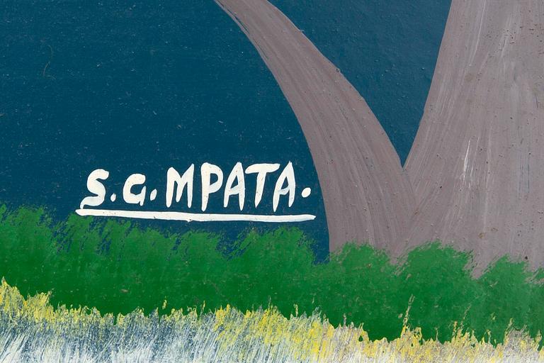 Seymond George Mpata, cykellack på masonit, sk. Tingatinga-måleri, signerad, 1970-tal.