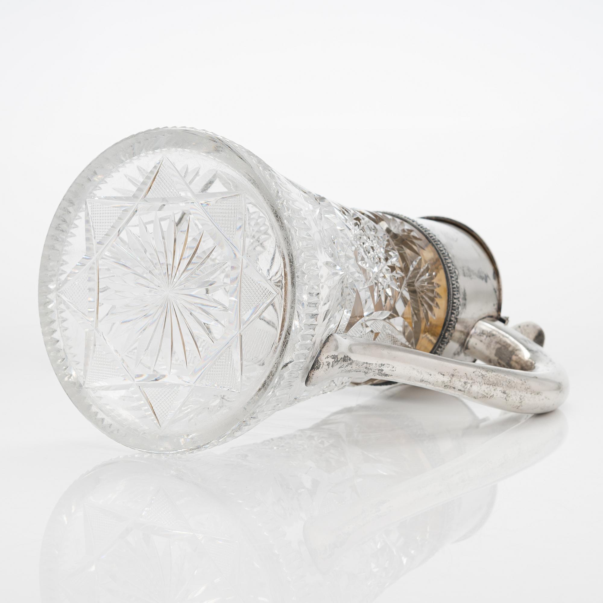 A glass carafe and box with silver mountings from the early 20th-century. Box marked in Saint Petersburg 1908-26.
