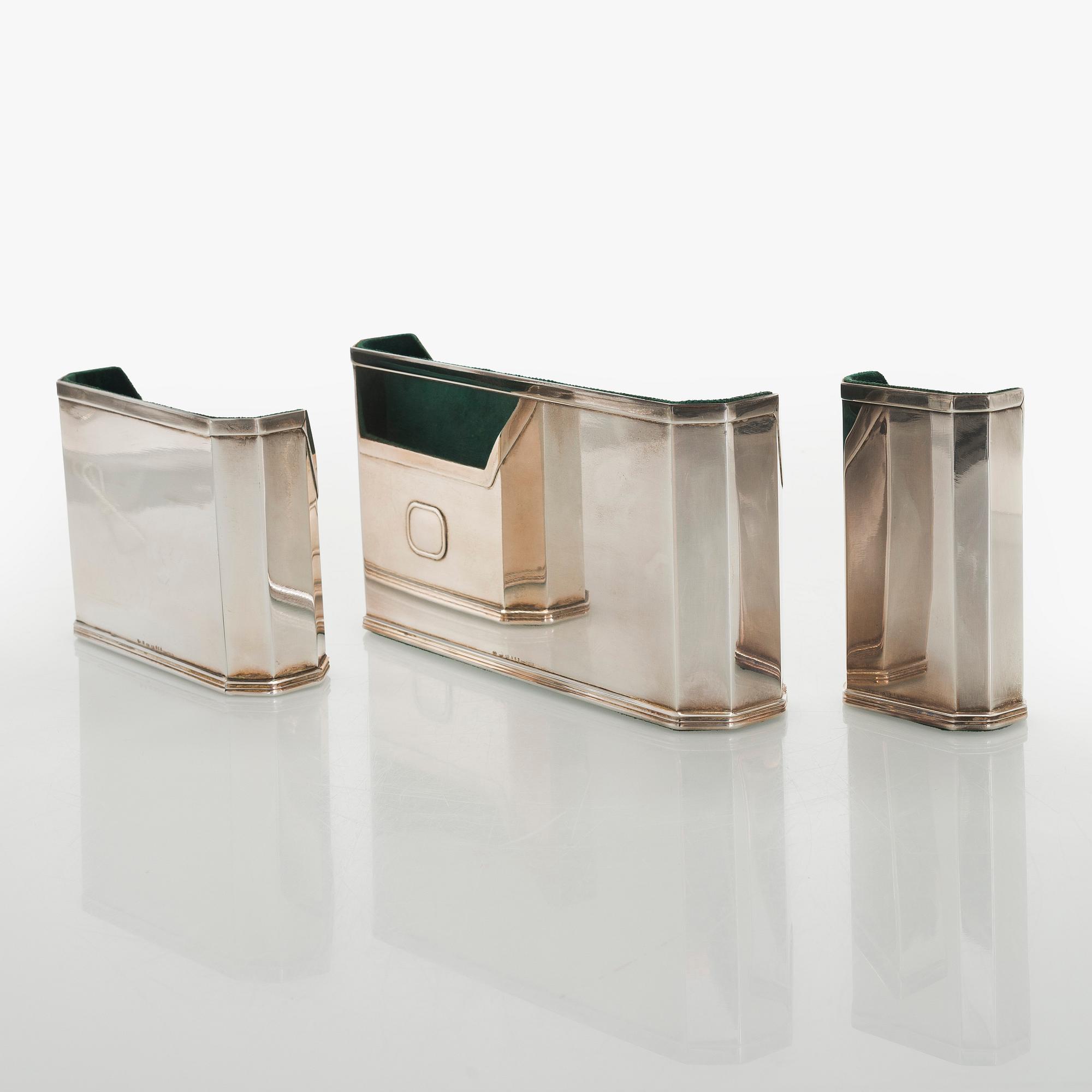 A set of three silver letter/pen holders, Italy, second half of the 20th century.