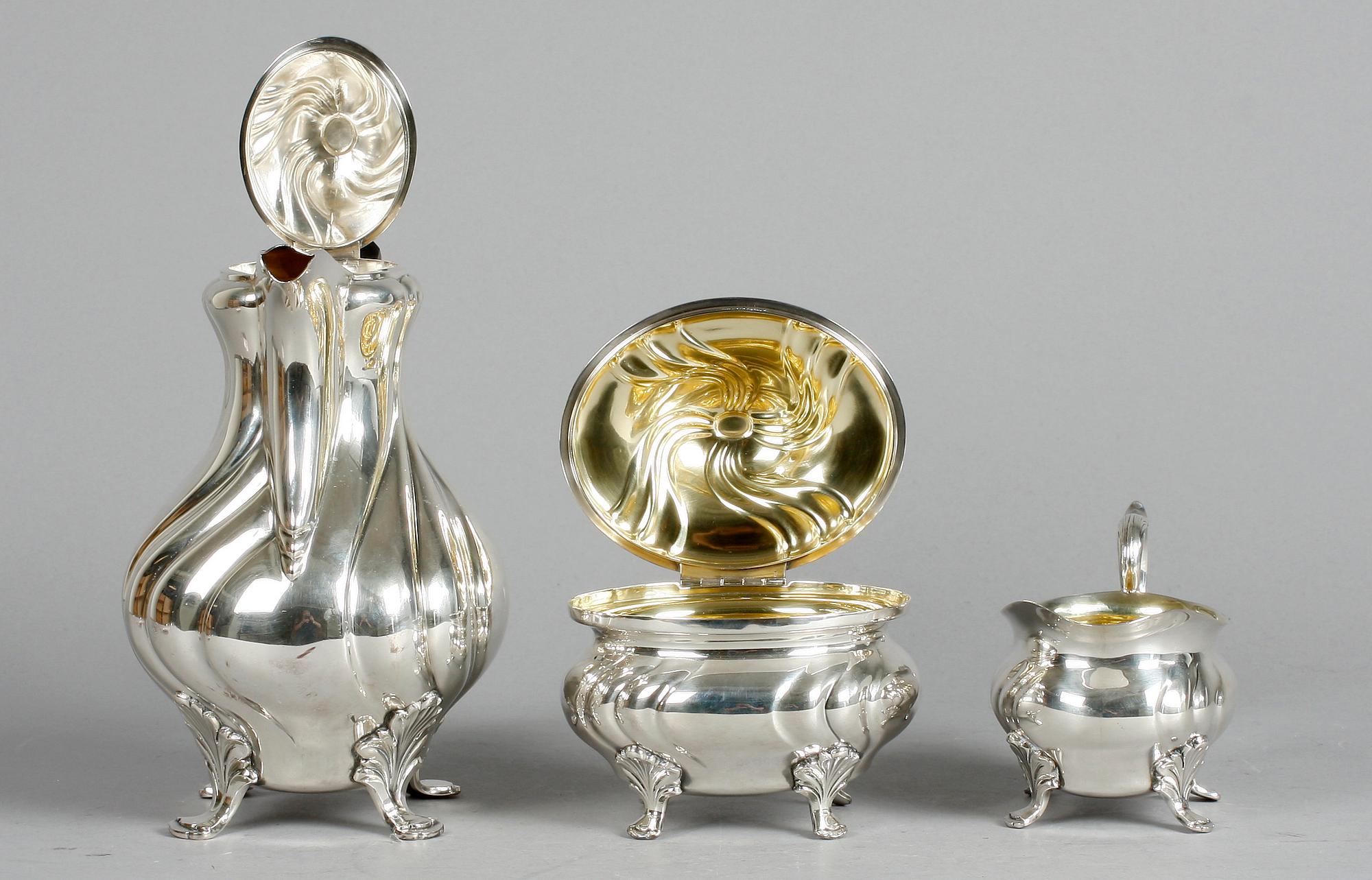 KAFFESERVIS, 3 delar, silver, C.G. Hallberg. 1950-tal. Tot 1330 g.