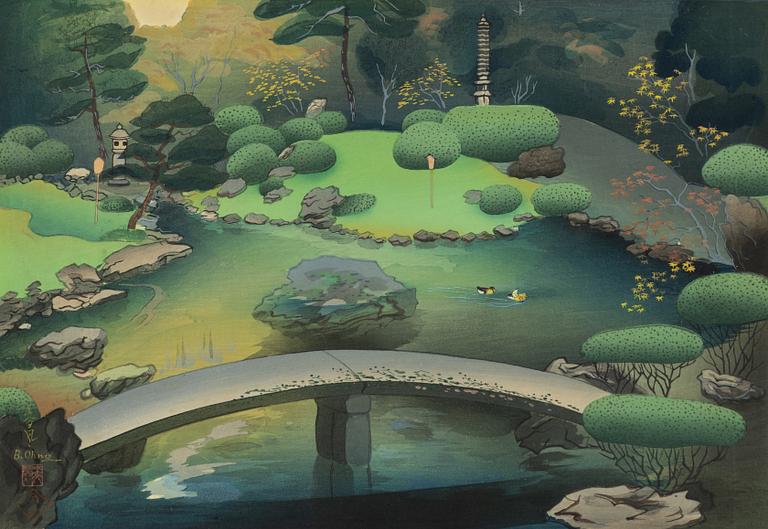 Ohno Bakufu, träsnitt, 'Gardens of Shoren-In Temple in Autumn'.