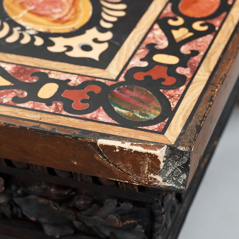 A pietre dure top, Italy, circa 1900, probably Rome or Naples. The stand in Louis XIV-style.