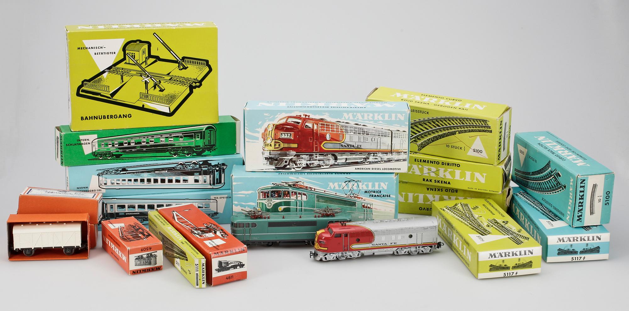 PARTI LEKSAKSJÄRNVÄGSDELAR, bl.a. Märklin. Tidigt 1960-tal.