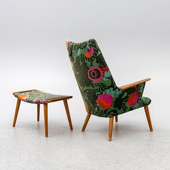 Armchair with footstool, 1950s/60s. Fabric "Tutti Frutti" Sven Fristed, Borås Wäfveri.