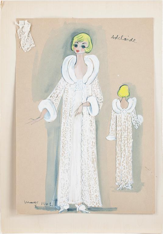 MAX GOLDSTEIN (MAGO), dräktskisser, teckningar, blyertsskisser, tygprover, ca 35 st, vissa daterade o signerade, 1963.