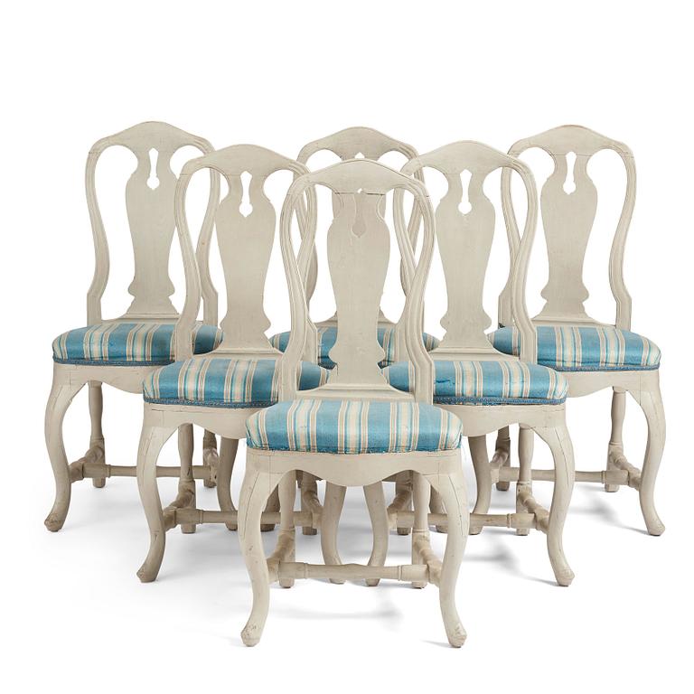 A set of six Swedish Rococo chairs, second part of the 18th century.