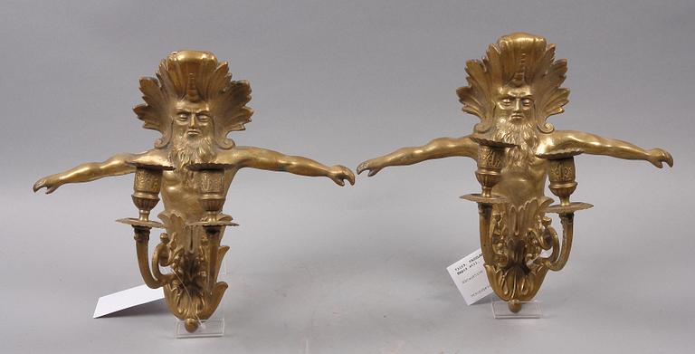 VÄGGLAMPETTER, ett par, empirestil, mässing, 1800/1900-tal.