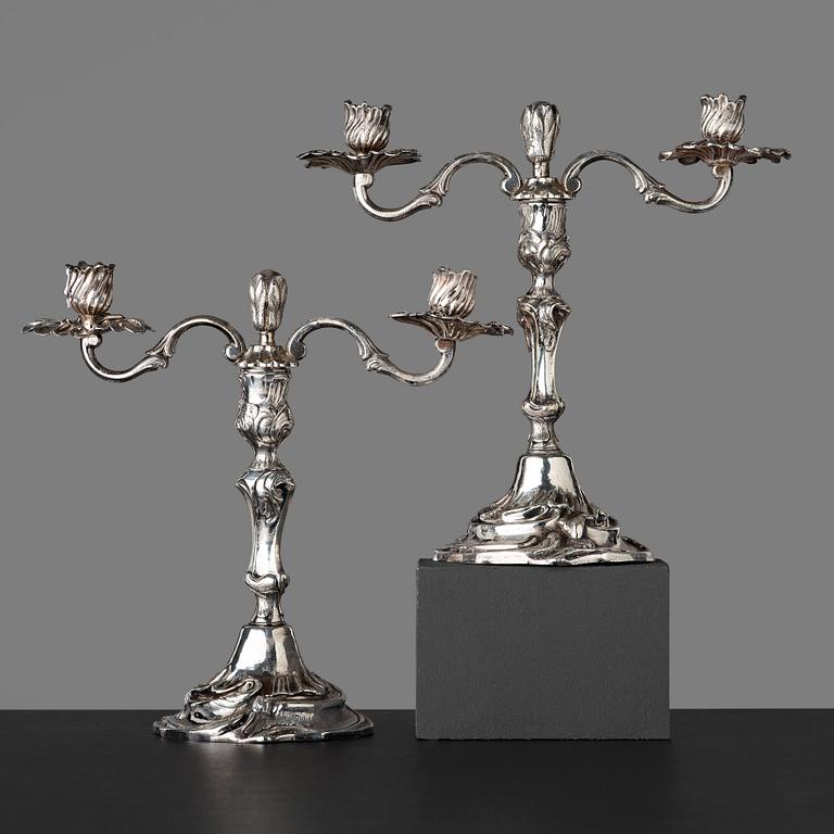 A pair of Swedish Rococo 18th century two-light candelabra.