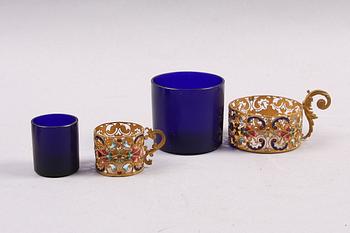 PARTI RYSKT, 5 delar, mässing, emalj, glas, tidigt 1900-tal.