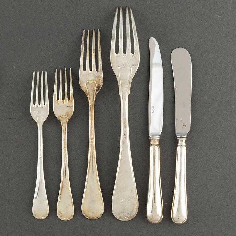A silver cutlery, including 'Svensk Spets' and 'Svensk Rund', incl. GAB, CG Hallberg, 19/20th century (89 pc), 3171g.