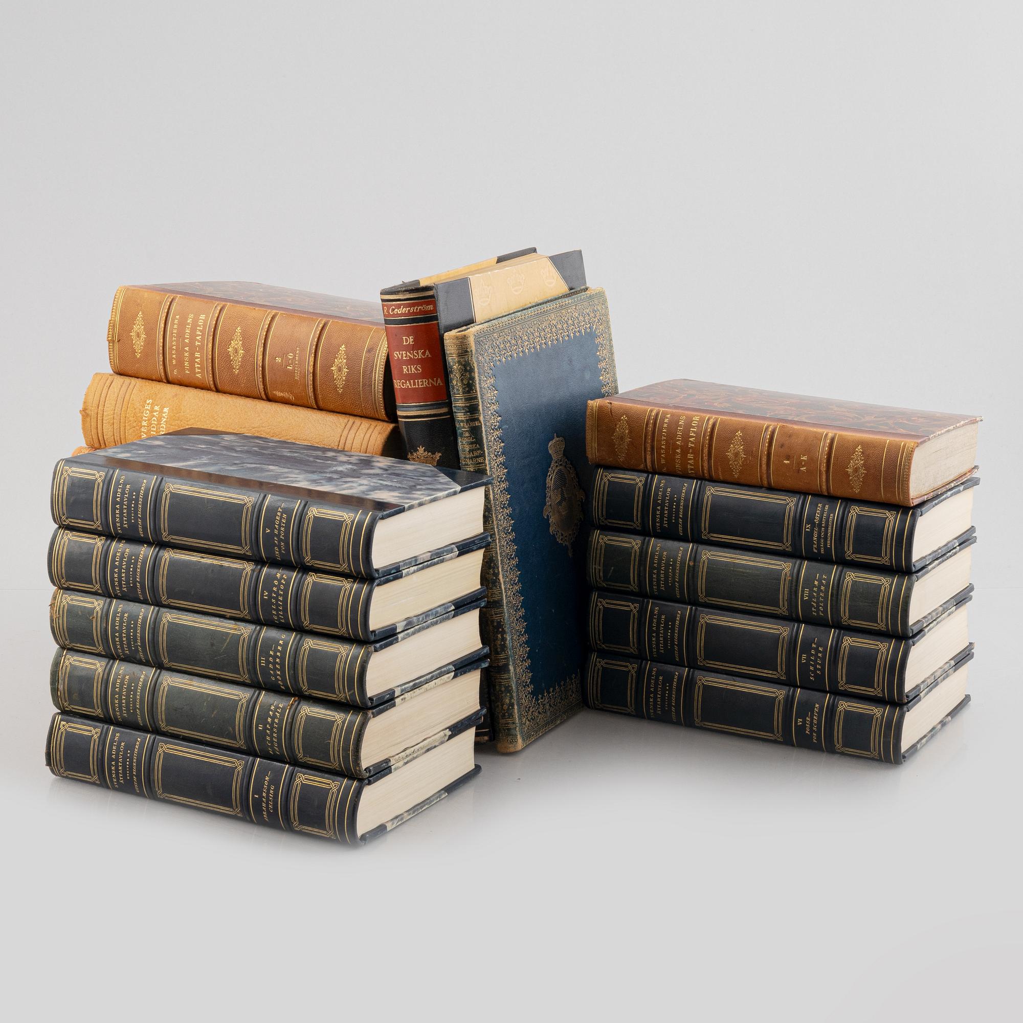 Books, 19 volumes, including Gustaf Elgenstierna's 'Svenska Adelns Ättartavlor'.
