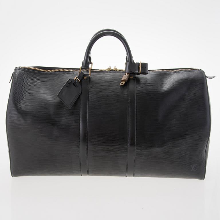 LOUIS VUITTON, BLACK EPI LEATHER KEEPALL 55 TRAVEL BAG.