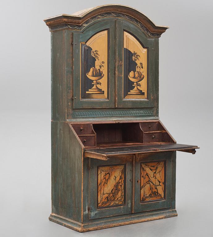 A polychrome-painted writing-cabinet attributed to J. Bäckström (1773-1837), dated 1828.