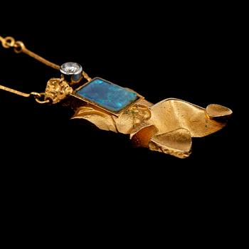 COLLIER, 18k guld med briljantslipad diamant ca 0.10 ct samt opal, Björn Weckström, Lapponia, Finland, 1977. Vikt 9 g.