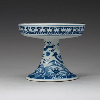 A blue and white dragons tazza, Qing dynasty, Qianlongs mark.