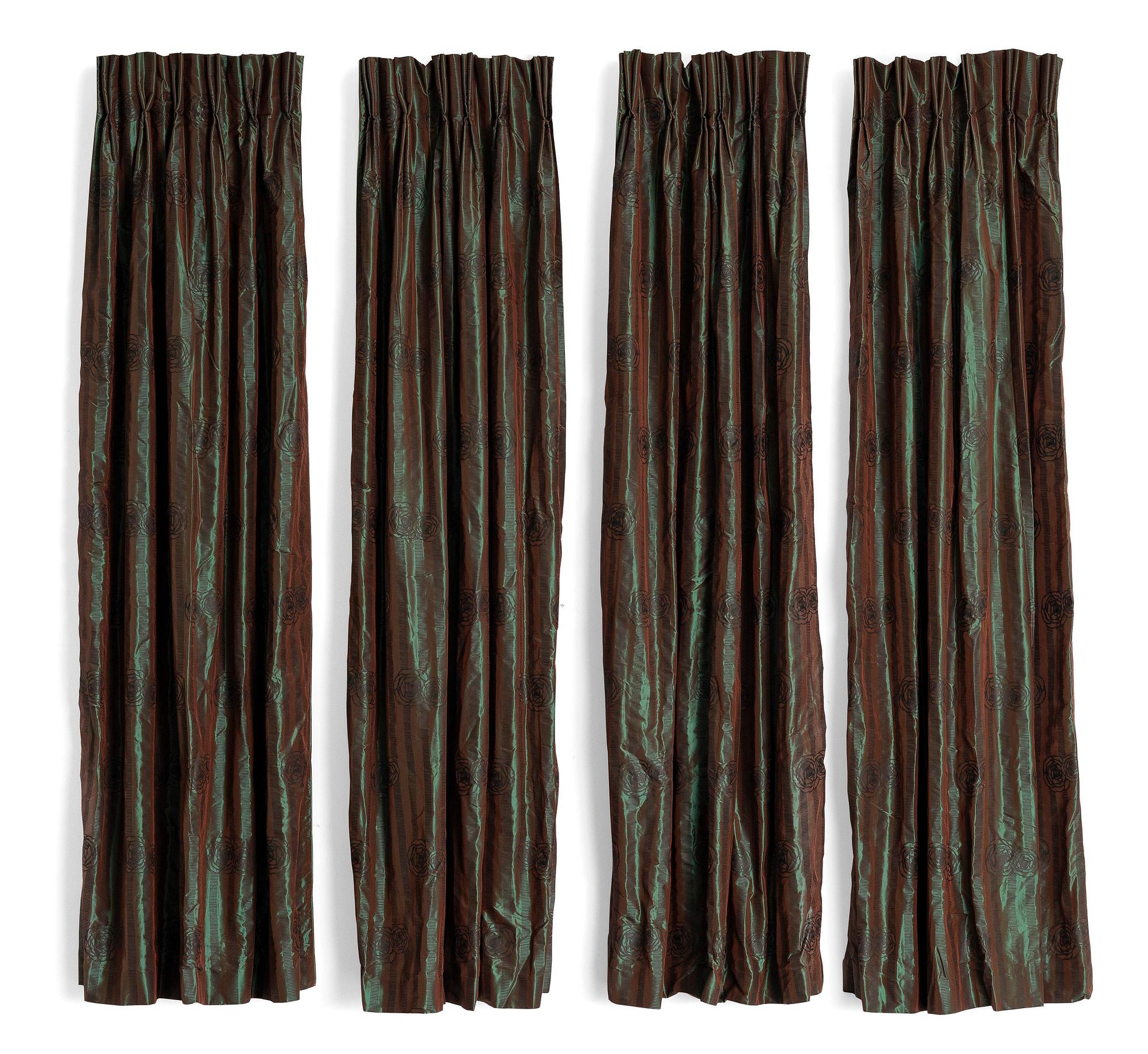 A set of four green silk curtains.