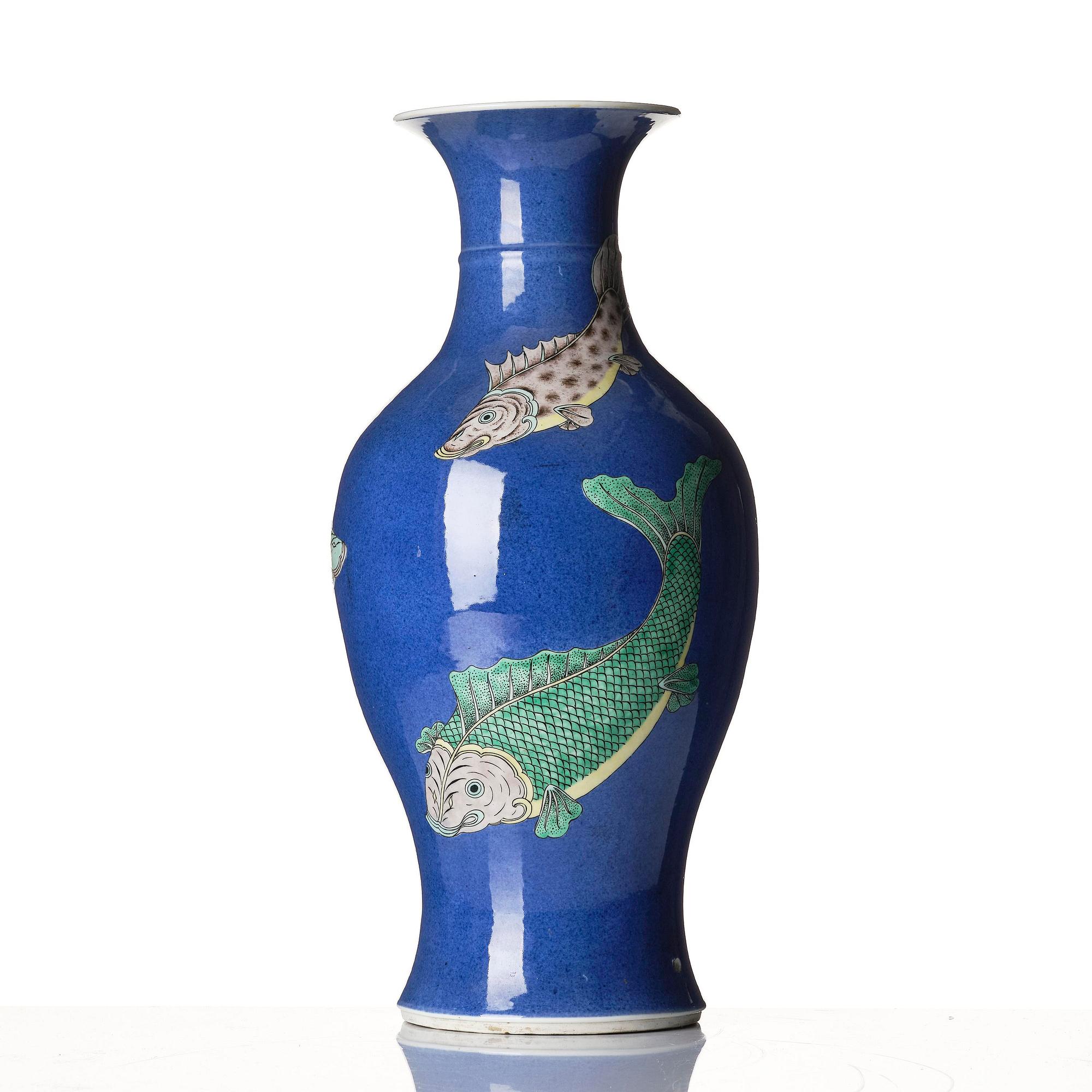 A powder blue and enamelled 'fish' vase, late Qing dynasty.