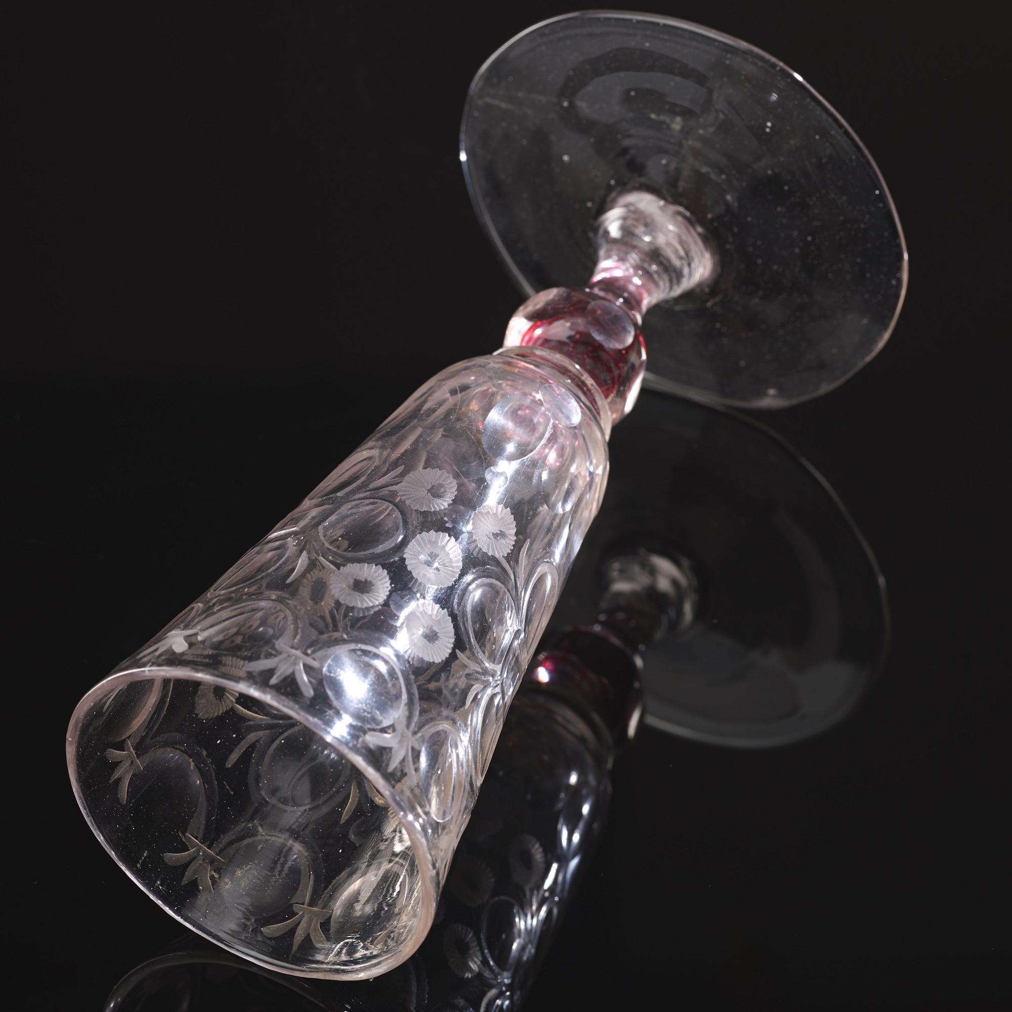 A Bohemian cut and engraved colour twist goblet, first half of the 18th Century.