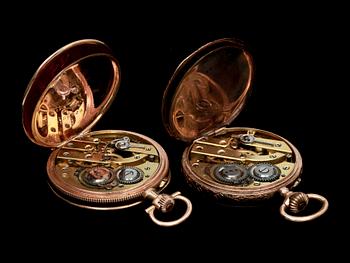 DAMFICKUR, 2 st, 14k guld, osignerade, omkring år 1900.