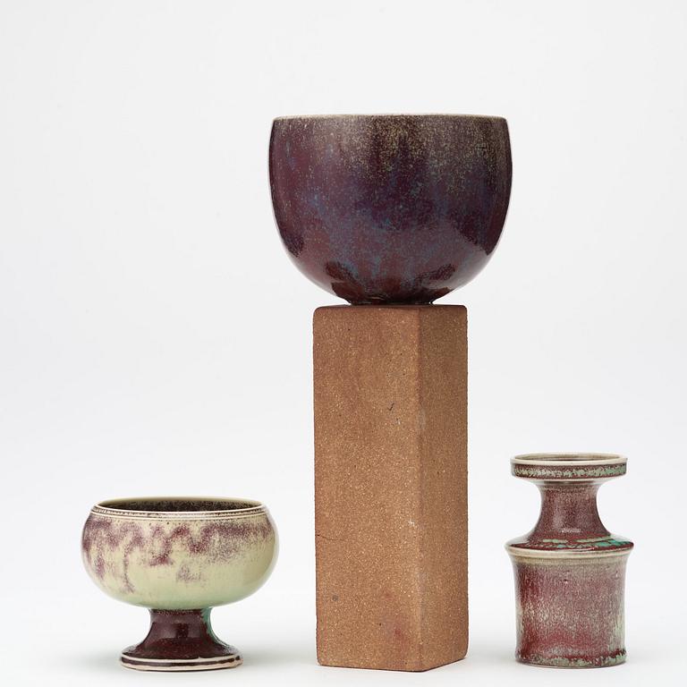 Stig Lindberg, two footed bowls and a vase, Gustavsberg studio 1976-80, the larger vase not signed.