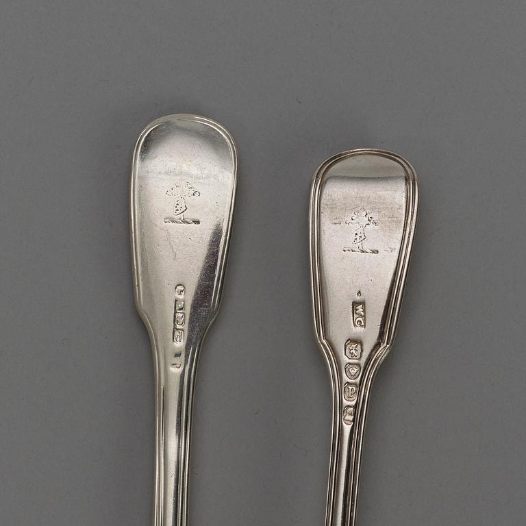 A 19th century silver set of 6+6 dessert forks, five marked Dublin 1849 and knifes, marks of Moses Brent, London 1814.